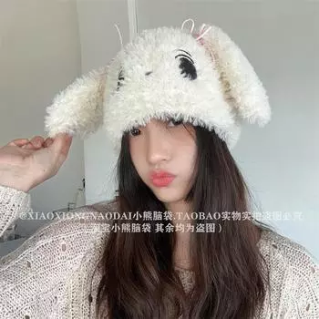 Милая плюшевая шапка с ушками кролика из мультфильма, мягкая восковая защитная наушника, теплая женская шапка-пуловер one size fits all белый