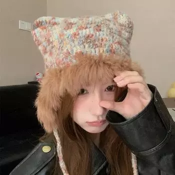 Милая плюшевая шапка с ушками медведя из веревки, женская, контрастного цвета, для осени и зимы, для езды на велосипеде, теплая, вязаная шерстяная шапка One size