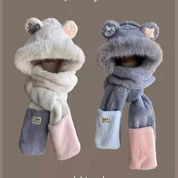 Милая плюшевая шапка с ушками медведя, шарф, перчатки, интегрированная женская сумка для защиты ушей, шапка Lei Feng, зимняя утолщенная защита от холода one size fits all бежевый