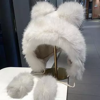 Милая плюшевая шапка с ушками медведя женская осенне-зимняя утолщенная теплая пушистая шапка Lei Feng уличная ветрозащитная шапка с ушками M(56-58cm) белый