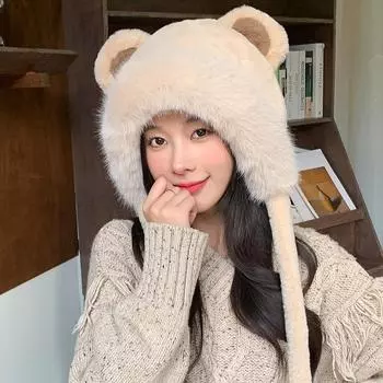 Милая плюшевая шапка с ушками медведя, женская зимняя защита от холода, утолщенная теплая защита ушей, шапка-пуловер Lei Feng