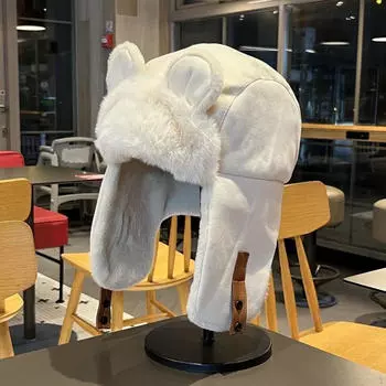 Милая плюшевая шапка-ушанка с ушками животных для уличного туризма и отдыха на природе бежевый