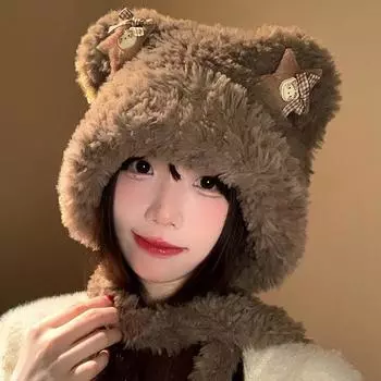 Милая плюшевая шапка в виде медведя-звездочки для женщин, осень и зима, новая утолщенная теплая вязаная шапка с ушками, показывающая маленькое лицо M56-58cm хаки
