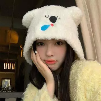 Милая плюшевая шапка в виде сонного медведя женская осенне-зимняя защитная для лица маленькая теплая вязаная шерстяная шапка M56-58cm бежевый