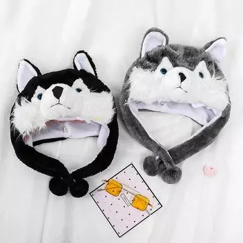 Милая плюшевая шапка в виде волка, милая ветрозащитная теплая шапка, нарядная зимняя защитная шапка для ушей серый