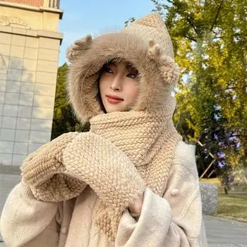 Милая плюшевая шапка женская осенне-зимняя утепленная ветрозащитная шапка для езды на велосипеде защита от холода защита для ушей комплект из трех предметов average size (anyone over 12 years old can) белый