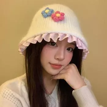 Милая плюшевая шляпа-ведро с цветком, женская осенне-зимняя теплая универсальная вязаная шапка с изображением лица, маленькая шерстяная шапка прилив M56-58cm