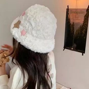 Милая плюшевая шляпа-ведро со звездой, осенне-зимняя, утепленная, мягкая, вощеная, универсальная, с простым лицом M56-58cm белый