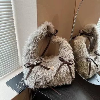 Милая плюшевая сумка через плечо с бантом, женская свежая и милая плюшевая сумка подмышкой, сумка для поездок на работу 35*10*27 серый