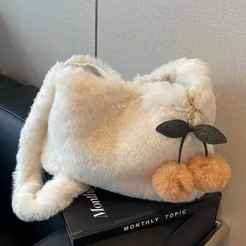 Милая плюшевая сумка Cherry, осенне-зимняя новая сумка-тоут на одно плечо для женщин, высококачественная сумка через плечо из меха