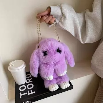 Милая плюшевая сумка-мессенджер с цепочкой в виде кролика, сумка с изображением мертвого кролика, милая сумка через плечо для девочек из искусственной шерсти кролика Рекс серый