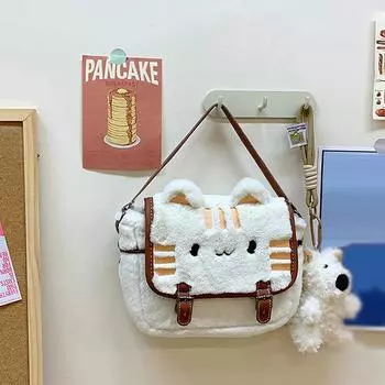 Милая плюшевая сумка-мессенджер с изображением кошачьей мордочки для женщин, красивая мультяшная сумка, сумки через плечо белый