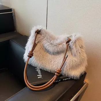 Милая плюшевая сумка женская новинка 2024 года осень-зима косая сумка через плечо маленькая свежая пушистая универсальная сумка-тоут хаки