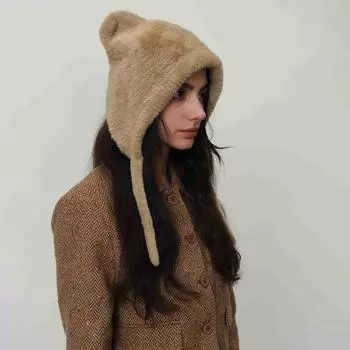 Милая плюшевая вязаная шапка с кошачьими ушками женская зимняя теплая защита ушей для девочек Декоративные шапки с хвостом белый