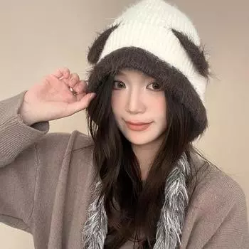 Милая плюшевая вязаная шапка с медведем, женская, новинка 2024 года, теплая, с защитой от ушей, универсальная шапка, показывающая маленькое лицо Average size [54-59CM]
