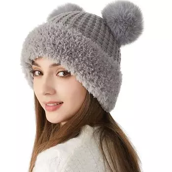 Милая плюшевая вязаная шапка с ушками панды для женщин, осенне-зимняя новая шапка с защитой ушей, утолщенная теплая уличная шапка M56-58cm чёрный