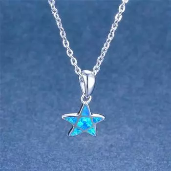 Милая подвеска в виде пятиконечной звезды с белым голубым опалом, ожерелья для женщин, серебряные 925 пробы, камень рождения, ювелирные изделия в стиле бохо, модное ожерелье с пентаграммой 45cm