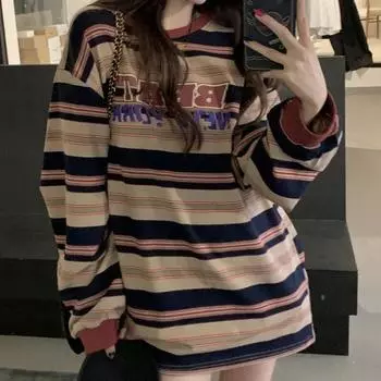 Милая полосатая женская футболка Harajuku, повседневные свободные топы, футболка, весна-осень, футболка большого размера с длинными рукавами, толстовка в американском стиле ретро M коричневый