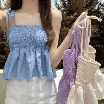 Милая повседневная майка в стиле ретро для женщин, однотонная Свободная посадка, дизайн топа без рукавов, плиссированная универсальная летняя майка на бретелях