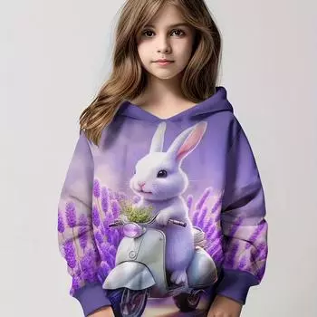 Милая повседневная толстовка с капюшоном и принтом «Кролик на мотоцикле» для девочек, удобные топы с капюшоном для активного отдыха, подарок 100