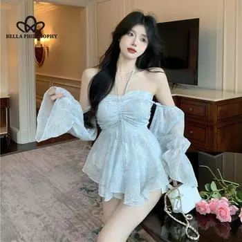 Милая праздничная шифоновая рубашка с открытыми плечами и цветочным принтом, женская летняя новинка, облегающий короткий топ с открытой спиной onesize синий