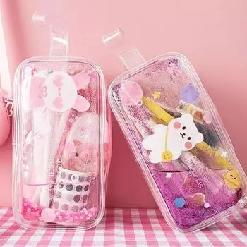 Милая прозрачная сумка для карандашей Quicksand с рисунком медведя и кролика, канцелярская сумка большой емкости, косметичка для школы и офиса A4