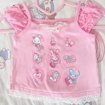 Милая японская футболка с мультяшным принтом в стиле Лолиты, женские укороченные топы Y2k с эстетическими оборками и бантом для девочек, летние футболки Harajuku Grunge Kawaii S розовый