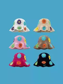 Милая японская шерстяная шапка ручной работы с красочными цветами для детей, теплая осенне-зимняя шапка рыбака, вязаная шапка-горшок 56-58cm белый