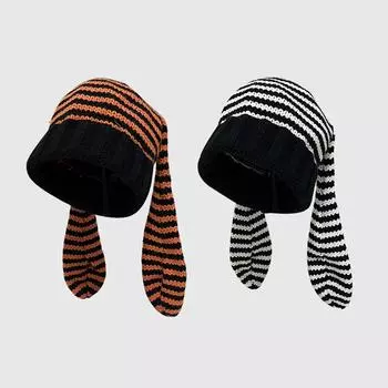 Милая японская вязаная шапка с пятью звездами и женскими ушками в виде кролика, полосатая вязаная толстовка с капюшоном в виде дьявола, контрастная по цвету холодная шапка для тепла one size