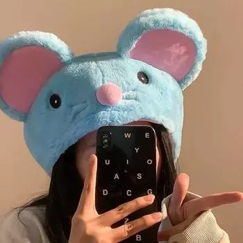 Милая рисовая маленькая синяя мышка с вертикальными ушками кукла шляпа девушка фото плюшевая супер милая девочка сердце мультфильм головной убор M56-58cm