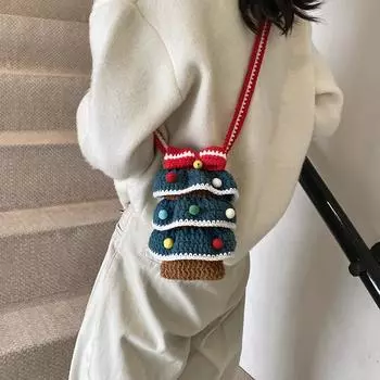 Милая рождественская детская сумка через плечо, вязаная вручную шерстяная сумка, готовая рождественская елка, разноцветный вязаный шарик, сумка для мобильного телефона, женская 11*2*20 зелёный