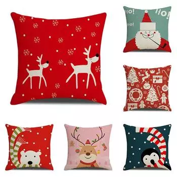 Милая рождественская наволочка для дивана с мультяшным оленем, медведем и животным принтом, льняная наволочка, новогоднее украшение для дома, наволочка 40x40cm