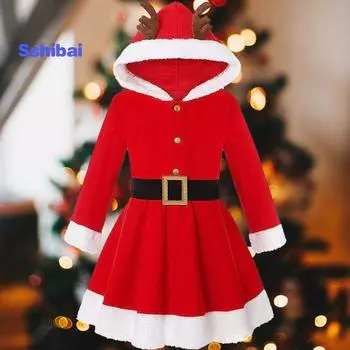 Милая рождественская одежда для женщин и девочек, красное платье с капюшоном и рождественскими рогами лося и поясом 150CM красный