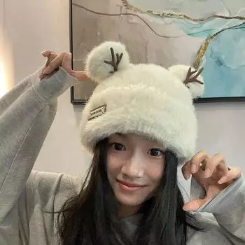 Милая рождественская плюшевая шапка с рогами оленя, женская зимняя утепленная защитная шапка с изображением лица, маленькие ушки, шерстяная вязаная шапка чёрный