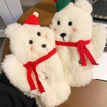 Милая рождественская шапка с медведем, плюшевые варежки для женщин, осенне-зимняя, утолщенная и бархатная, теплая, для велоспорта One Size