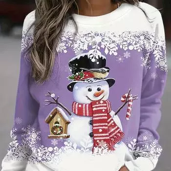 Милая рождественская толстовка с принтом снеговика, повседневная, с длинными рукавами и круглым вырезом, женская, удобная, осенне-зимняя одежда больших размеров 2024 года S
