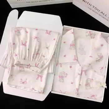 Милая розовая кружевная женская пижама с принтом медведя, мультяшный милый бант, 2 шт., ночная рубашка, осенняя женская пижама M