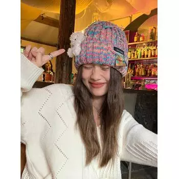 Милая розовая шерстяная шапка для девочки, осенне-зимняя, трехмерная, разноцветная, вязаная, для защиты ушей, модная, теплая, холодная шапка M (56-58cm) LLXM-bear wool hat синий