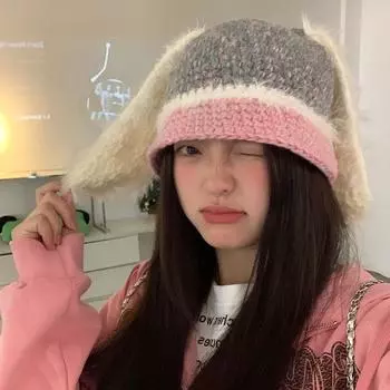 Милая розовая вязаная шапка с кроличьими ушками, большая окружность головы, плюшевая шерстяная шапка, теплая защита ушей, универсальная холодная шапка M56-58cm