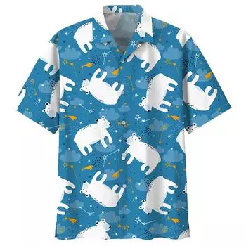 Милая рубашка Aloha с рисунком белого медведя для мужчин, 3D-принт с изображением панды, короткий рукав, свободные лацканы, гавайские рубашки, блузка на пуговицах S