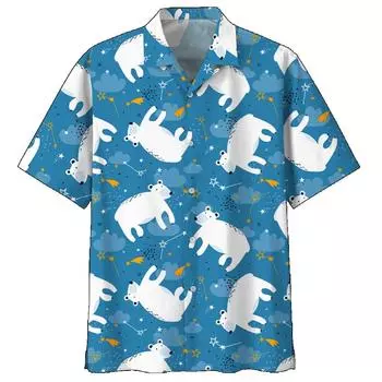 Милая рубашка Aloha с рисунком белого медведя для мужчин, 3D-принт с изображением панды, короткий рукав, свободные лацканы, гавайские рубашки, блузка на пуговицах S