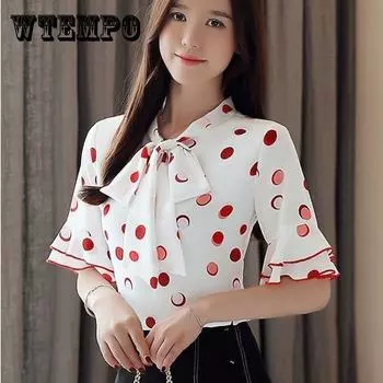 Милая рубашка, летний топ в горошек с половиной рукавом, женская одежда, корейская рубашка с воротником в горошек и листьями лотоса, шифоновая рубашка с короткими рукавами XXXXL