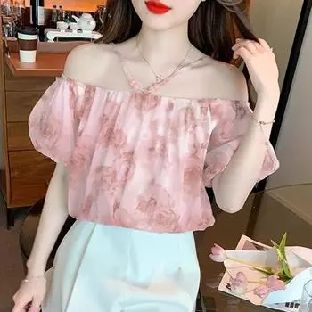 Милая рубашка с открытыми плечами, женские свободные топы, элегантная летняя блузка с короткими рукавами и цветочным принтом, женская новая повседневная одежда 27415 S синий