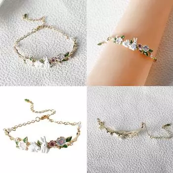 Милая ручная цепочка с кроликами и цветочной подвеской, регулируемая цепочка на руку, стильный браслет, женский аксессуар для повседневной носки