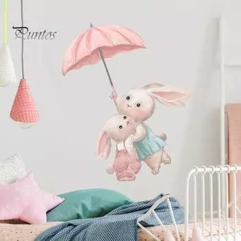 Милая самоклеящаяся невыцветающая наклейка с изображением кролика для детского сада, мультяшный маленький кролик, зонт, настенная наклейка для дома