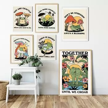 Милая счастливая лягушка, гриб, коттедж, красочная ретро-арт, холст, живопись, плакаты на скандинавскую тему, принты, настенная картина для декора гостиной 21x30cm No Framed