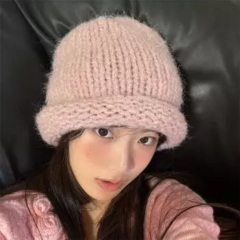Милая сестра шерстяная шапка грубой вязки из смеси шерсти утолщенная гофрированная маленькая шапочка M56-58cm