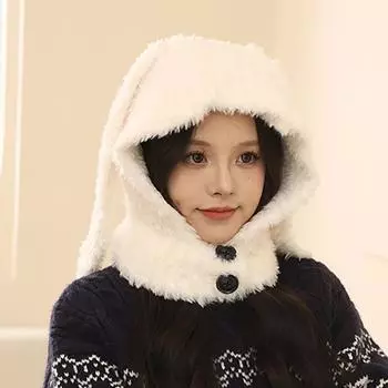 Милая шапка-балаклава с кроличьими ушками, женская, осень-зима 2024, новая теплая утолщенная шерстяная шапка, защита для ушей One Size белый