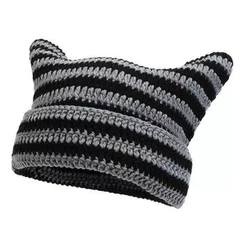 Милая шапка-бини с кошачьими ушками, вязаная крючком для женщин и девочек, вязаная Y2K, полосатая, зимняя, теплая, свободная, ручная работа, стильная шапка в стиле хип-хоп