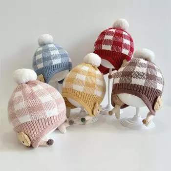 Милая шапка-чепчик с помпоном для маленьких девочек, теплая зимняя вязаная полосатая шапка для защиты ушей для девочек и мальчиков синий